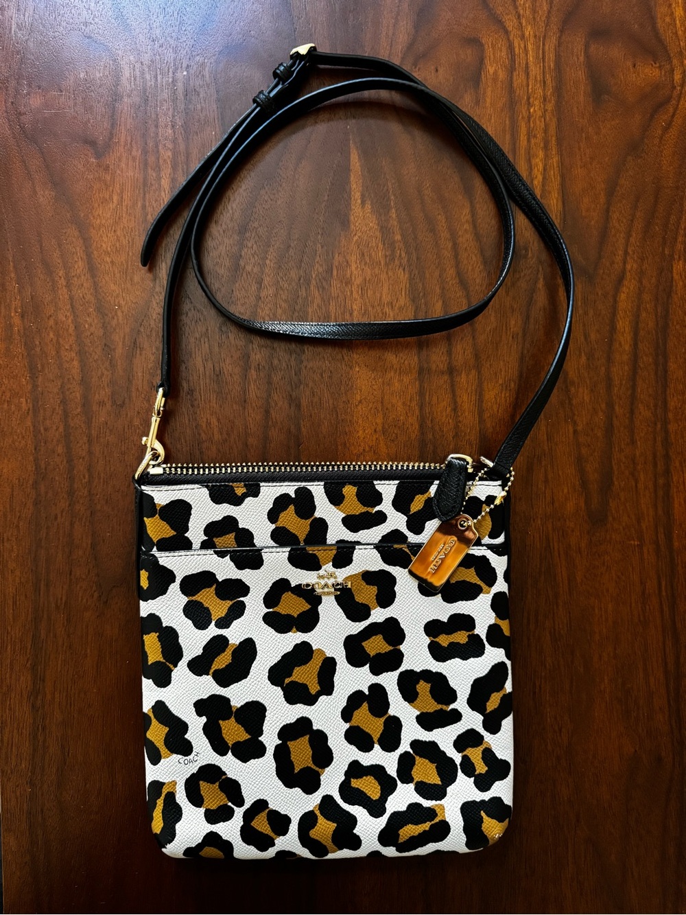 Coach Leopard-Print Ocelot Crossbody Letter Carrier in White, Black & Gold